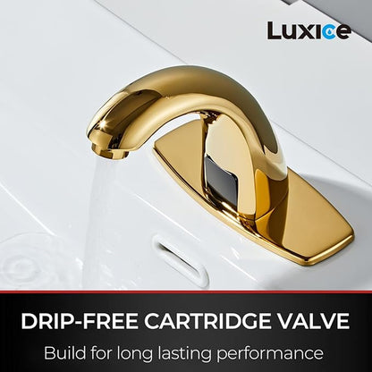Polish Gold Touchless Bathroom Sink Faucet - Automatic Motion Sensor Battery Opertated with Temperature Mixing Valve for Commercial Lavatory