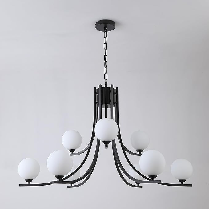 Black Farmhouse Chandelier Modern Sputnik Chandelier for Dining Room Mid Century Chandelier Dining Room Light Fixtures with Withe Glass Globe Shades for Foyer Living Room Kitchen Island