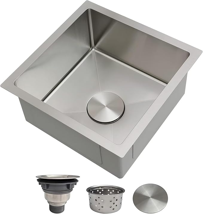 16 Inch Bar Sink Undermount – Delironexu 18 Gauge Stainless Steel Small Kitchen Sink, 16"x16"x8" Square Small Bar sink, Single Bowl Wet bar Sinks with Brushed Finish for Outdoor, RV, and Prep Use