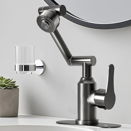 Bathroom Sink Faucet, FunnyAir Stainless Steel 1080° Rotatable Faucet for Sink 1 Hole or 3 Holes, Modern Style Single Handle Bathroom Faucets with Hot and Cold Hoses, Grey