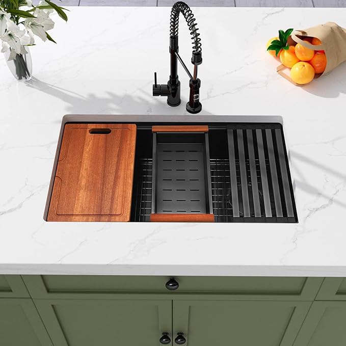 Black Undermount Kitchen Sink 33 inch,16 Gauge Stainless Steel Sinks,Single Bowl Workstation Sink,Modern Kitchen Sink Offset Drain (33" X 18")