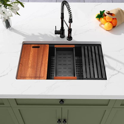 Black Undermount Kitchen Sink 33 inch,16 Gauge Stainless Steel Sinks,Single Bowl Workstation Sink,Modern Kitchen Sink Offset Drain (33" X 18")