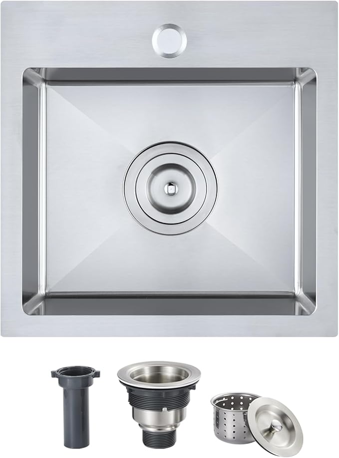 15 x 15 inch Bar Sink, Drop-in Tight Radius Brushed Stainless Steel Topmount Kitchen Sink Single Bowl