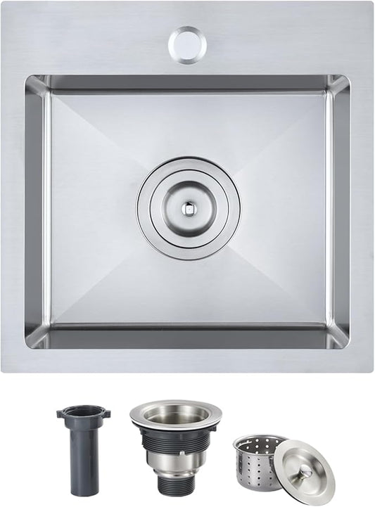 15 x 15 inch Bar Sink, Drop-in Tight Radius Brushed Stainless Steel Topmount Kitchen Sink Single Bowl