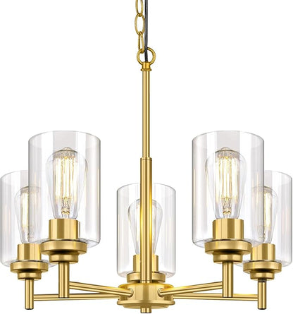 5-Light Chandelier for Dining Room Kitchen Island Modern Farmhouse Pendant Lighting with Clear Glass Shades Industrial Gold Hanging Ceiling Light Fixture for Foyer Living Room, Height Adjustable