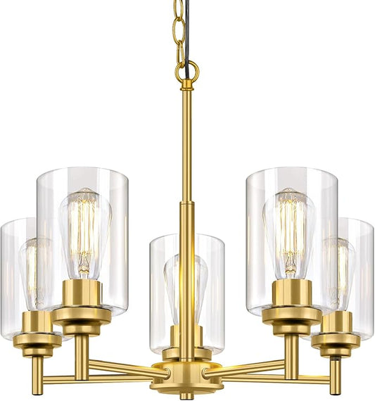 5-Light Chandelier for Dining Room Kitchen Island Modern Farmhouse Pendant Lighting with Clear Glass Shades Industrial Gold Hanging Ceiling Light Fixture for Foyer Living Room, Height Adjustable