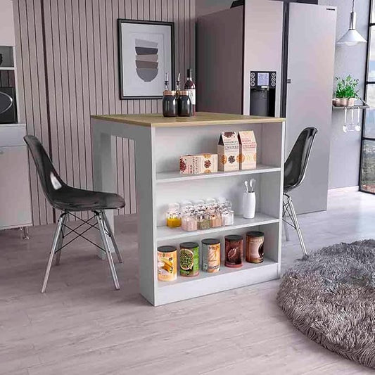 White Pine Kitchen Island Table with Three Shelves, Modern Two-Leg Design for Compact Dining Space