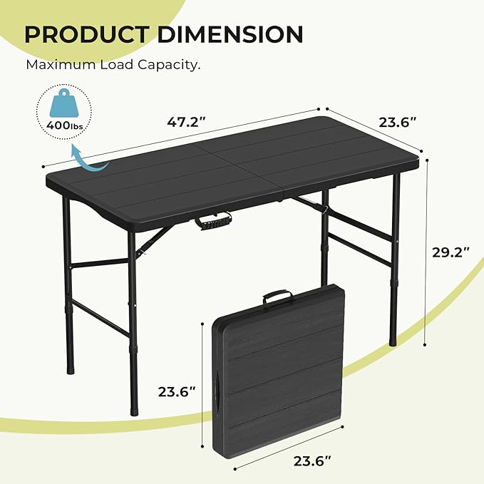 4Ft Folding Table Portable Folding Tables Heavy Duty 400 lbs Capacity, Wood Grain Tabletop for Working Meeting Parties, Picnic, Camping, Weddings, Garden Dining-Black (4FT)