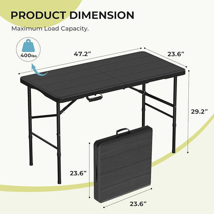 4Ft Folding Table Portable Folding Tables Heavy Duty 400 lbs Capacity, Wood Grain Tabletop for Working Meeting Parties, Picnic, Camping, Weddings, Garden Dining-Black (4FT)