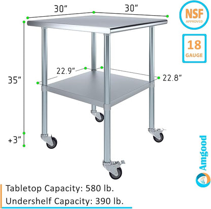 Stainless Steel Work Table with Wheels | NSF Kitchen Island Food Prep | Laundry Garage Utility Bench (Table + Wheels, 30" Long x 30" Deep)