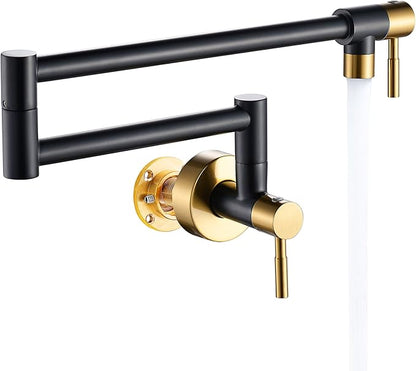 Fransiton Black & Gold Pot Filler, Pot Filler Faucet Wall Mount, Brass Folding Stretchable with Double Joint Swing Arm Single Hole Two Handles Kitchen Restaurant