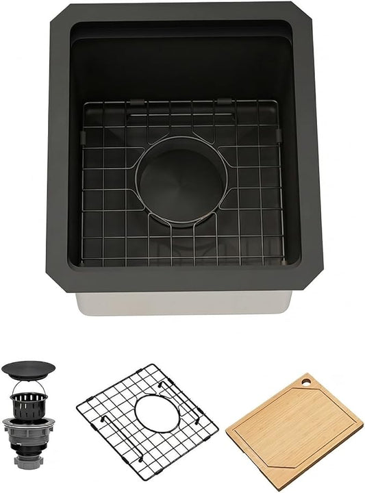 Black Undermount Bar Sink, 16 Gauge 304S Stainless Steel Kitchen Sink with Workstation Ledge & Accessories, 13" x 15" x 10" Small Kitchen Sinks For RV, Outdoor and Wet Bar