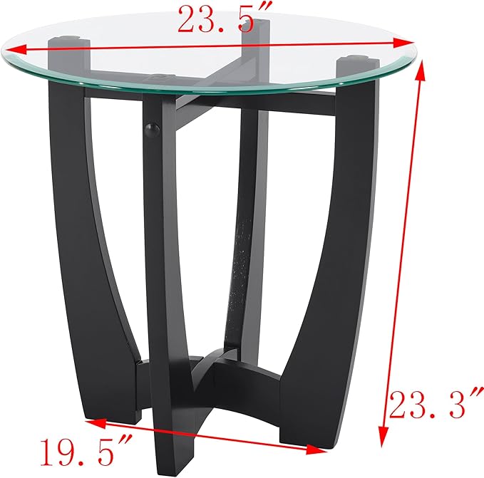 23.5" Round Side Tables, Small Space End Table with Tempered Glass Tabletop, Glass Coffee Table with Cross and Solid Wood Base, Small Night Stand for Living Room Black
