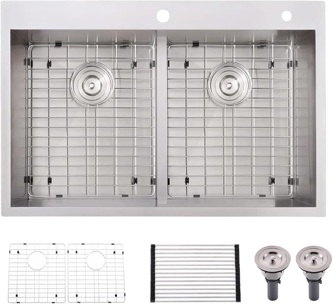 33 Inch Double Bowl Drop In Kitchen Sink-Bokaiya 33x22 Stainless Steel Drop-In Sink Kitchen Top Mount 16 Gauge Deep 50/50 Low-Divide Over Counter Double Bowl Kitchen Sink with Rack&Grid