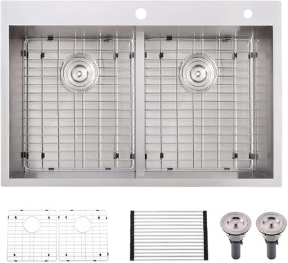 33 Inch Double Bowl Drop In Kitchen Sink-Bokaiya 33x22 Stainless Steel Drop-In Sink Kitchen Top Mount 16 Gauge Deep 50/50 Low-Divide Over Counter Double Bowl Kitchen Sink with Rack&Grid