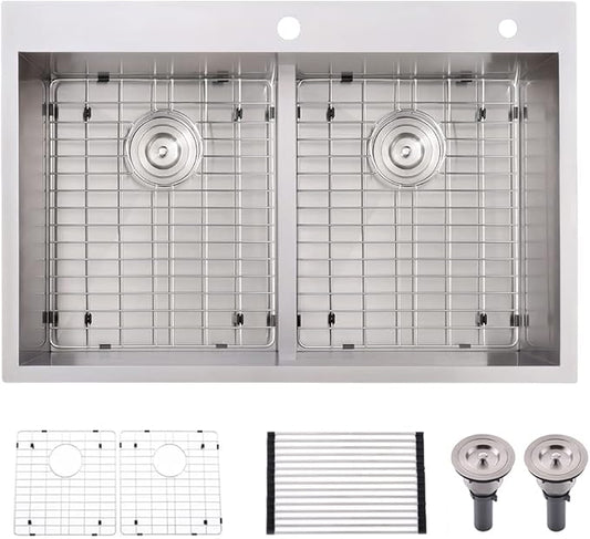 33 Inch Double Bowl Drop In Kitchen Sink-Bokaiya 33x22 Stainless Steel Drop-In Sink Kitchen Top Mount 16 Gauge Deep 50/50 Low-Divide Over Counter Double Bowl Kitchen Sink with Rack&Grid