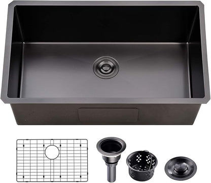 32 Inch Nano Black Undermount Kitchen Sink Stainless Steel Deep Single Bowl, 32”x18” Gunmetal Black 16-Gauge Zero Radius Commercial Large Kitchen Sink with Drainer and Bottom Grid