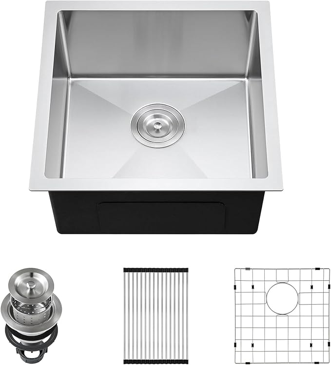 18x18 Inch Undermount Kitchen Sink Brushed, 18 Gauge 304 Stainless Steel Single Bowl with Bottom Grid & Roll-Up Drying Rack, 9" Deep Handmade Sink