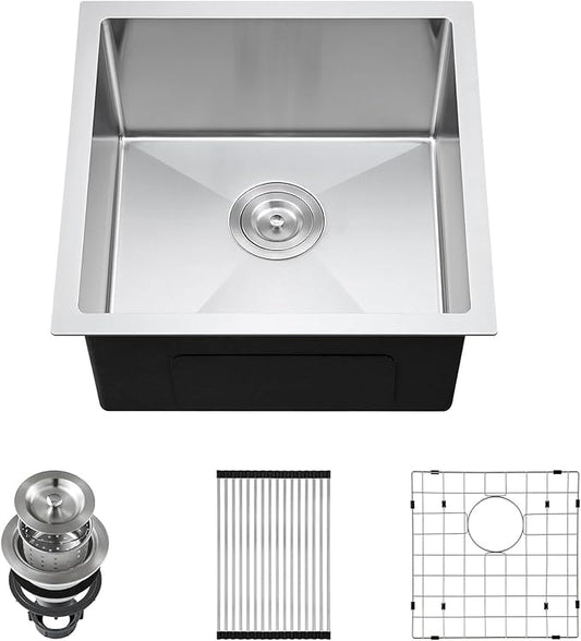 18x18 Inch Undermount Kitchen Sink Brushed, 18 Gauge 304 Stainless Steel Single Bowl with Bottom Grid & Roll-Up Drying Rack, 9" Deep Handmade Sink
