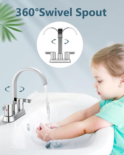 Aolemi Bathroom Faucets for Sink 3 Hole,4 Inch Centerset Waterfall Faucet 2 Handle for Bathroom Sink with Pop-Up Drain and Supply Lines Polish Chrome