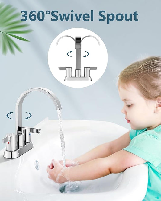 Aolemi Bathroom Faucets for Sink 3 Hole,4 Inch Centerset Waterfall Faucet 2 Handle for Bathroom Sink with Pop-Up Drain and Supply Lines Polish Chrome