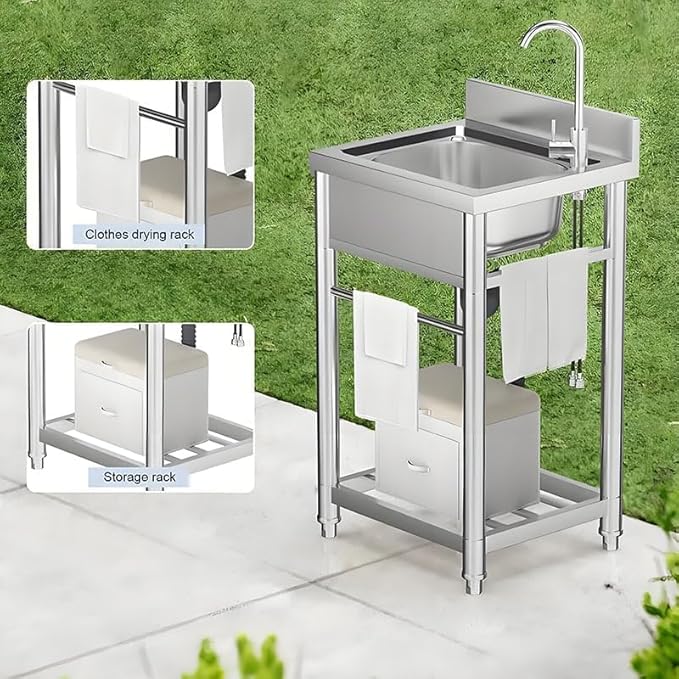 Stainless Steel Utility Sink with Faucet - Freestanding Single Bowl Sink for Commercial Kitchen, Laundry, Garage, Shop, Patio, Outdoor Prep & Wash Sink with Shelf, Fregadero Para Patio Exterior - 23In