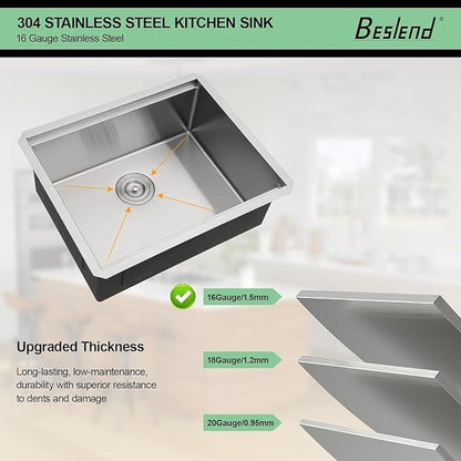 24 Inch Undermount Kitchen Sink - Beslend 24x19 Bar Sink Undermount 16 Gauge Stainless Steel Single Bowl with Ledge Workstation, 10" Deep Under Counter