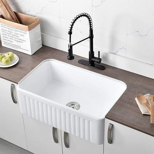 30 Inch White Fireclay Farmhouse Sink-Bokaiya 30x18 Farm House Apron Front Porcelain Ceramic Deep Single Bowl White Kitchen Sink with Dish Rack