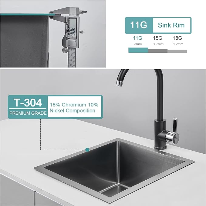 15 inch Bar Sink, KINKIB 15 x 17 inch Undermount Kitchen Bar Sink Single Bowl Black, Handmade T-304 Stainless Steel Bar Sink with Strainer
