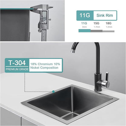 15 inch Bar Sink, KINKIB 15 x 17 inch Undermount Kitchen Bar Sink Single Bowl Black, Handmade T-304 Stainless Steel Bar Sink with Strainer