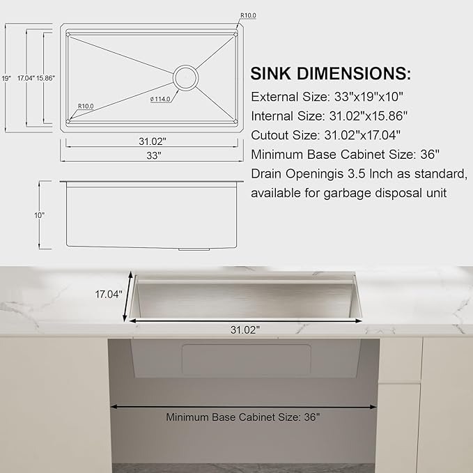 MAYESAR 33 Inch Kitchen Sinks Undermount - 33" x 19" Stainless Steel Undermount Workstation 16 Gauge Single Bowl Deep Under Counter Kitchen Sink Basin