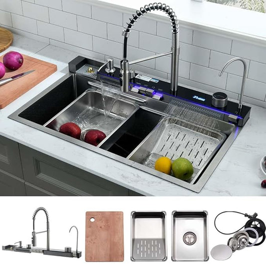 30 Inch Waterfall Smart Kitchen Sink -Wesliv 30x18 Waterfall Kitchen Sink Stainless Steel Digital Display Pull-Out Faucet 18 Guage Single Bowl Sinks with Cup Washer & Soap Dispenser