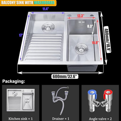 Laundry Utility Sink With Washboard Stainless Steel Kitchen Sink with Faucet Household Pool Balcony Room Wash Basin Easy Clean Double-Bowl, 600mm/23.6Inch
