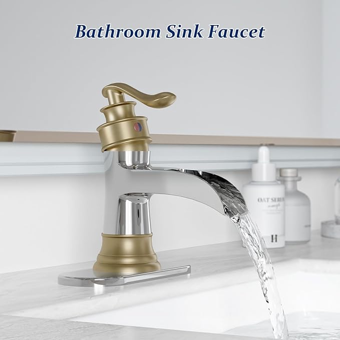 BWE Bathroom Faucet Waterfall Single Handle Chrome and Gold Vanity with Pop Up Drain Stopper with Overflow One Hole Lever Bath Sink Basin Restroom Mixer Tap Commercial Supply Line