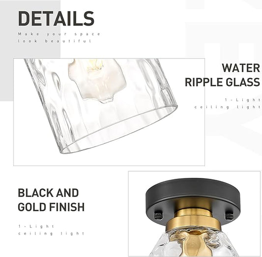 zeyu Modern Ceiling Light Set of 2, 1-Light Semi Flush Mount Ceiling Lighting Fixture for Bedroom Hallway, Water Ripple Glass Shade, Black and Gold Finish, ZG33F-2 BK+BG-WG