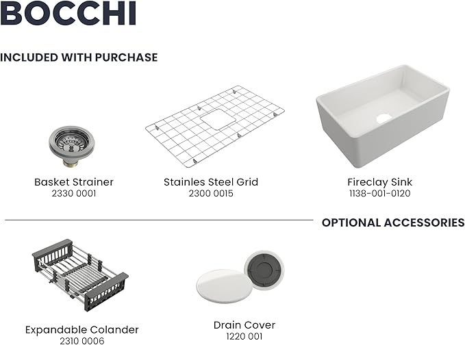 BOCCHI Classico Farmhouse Apron Front Fireclay 30 in. Single Bowl Kitchen Sink with Protective Bottom Grid and Strainer in White