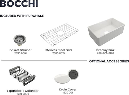 BOCCHI Classico Farmhouse Apron Front Fireclay 30 in. Single Bowl Kitchen Sink with Protective Bottom Grid and Strainer in White