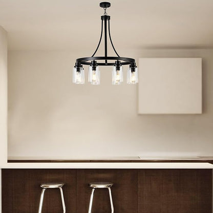 8 Light Chandeliers for Dining Room Linear Kitchen Island Lighting with Rectangular Clear Glass Shades, Modern Pendant Light Fixture Black for Kitchen Dining Room Living Room