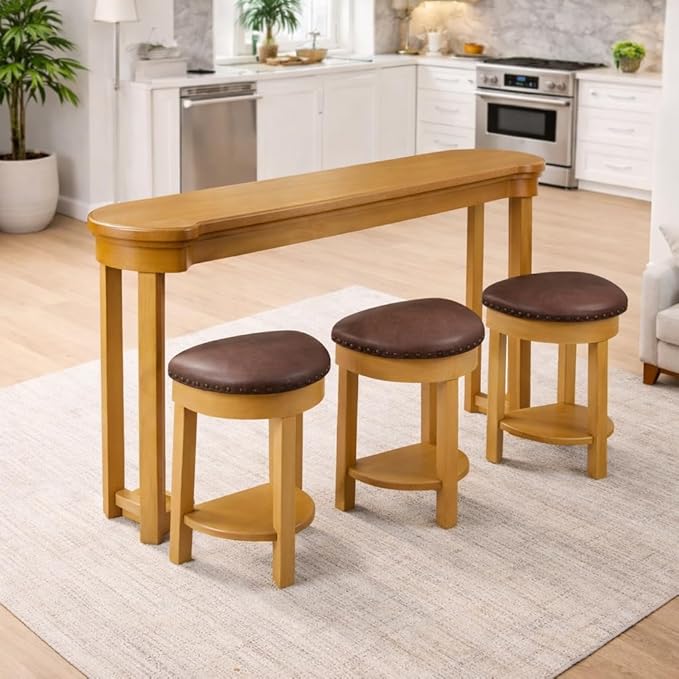 Bar Table and Chairs Set of 4 with 3 PU Upholstered Bar Stools, Breakfast Bar Table, Solid Wood Bar Height Dining Table Set, for Kitchen, Living Room, Party Room, Small Space (Natural)
