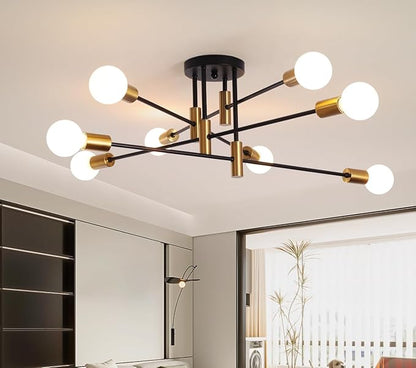 Garwarm 8-Light Black and Gold Sputnik Ceiling Light,Mid Century Semi Flush Mount Sputnik Chandelier Industrial Ceiling Lamp for Kitchen Dining Room Bedroom Foyer Entryway Hallway