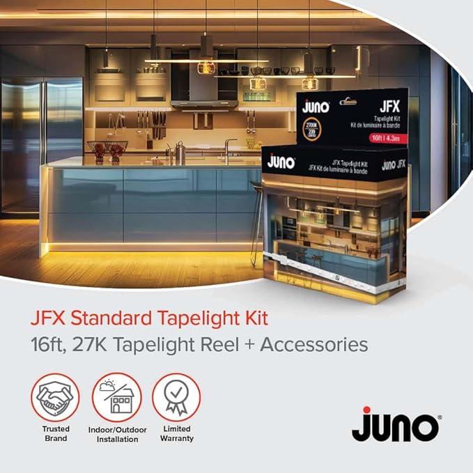 Juno JFX LED Tapelight Starter Kit, 16 Foot Warm White LED Strip Light, Flexible Under Shelf LED Lighting with Dimmer, 200 Lumens, Easy Install Plug-in Light Strip for Kitchen or Accent Lighting