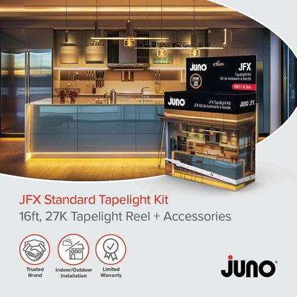 Juno JFX LED Tapelight Starter Kit, 16 Foot Warm White LED Strip Light, Flexible Under Shelf LED Lighting with Dimmer, 200 Lumens, Easy Install Plug-in Light Strip for Kitchen or Accent Lighting