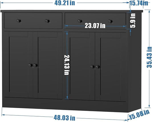 holzart 49" Black Buffet Cabinet with Doors & Drawers, Modern Kitchen Storage Sideboard, Coffee Bar Console Table for Dining Room, Living Room, Entryway