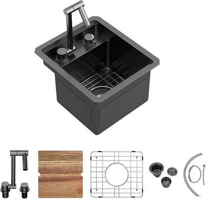 13x15 Outdoor Kitchen Sink Black Concealed Undermount RV Sink Gunmetal Black NANO PVD Stainless Steel Handmade Ledge Workstation Single Bowl Outdoor Sinks with Concealed Folding Faucet,13"x15"x9"