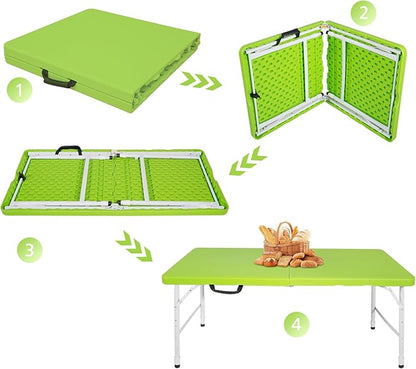 Portable 4Ft Adjustable Height Plastic Folding Table, Heavy Duty Fold-in-Half Table with Carrying Handle, Small Utility Foldable Table for Picnic Party Camping BBQ, Indoor/Outdoor (Green)
