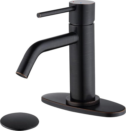Oil Rubbed Bronze Bathroom Faucets Single Hole with 6 inch Deck Plate, JXMMP 1 Handle Rubbed Bronze Faucet for Bathroom Sink with Pop Up Drain and Water Faucet Supply Lines