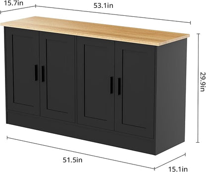 Anystyle 53" Black Buffet Cabinet with Storage, Modern Kitchen Sideboard with 4 Doors & Adjustable Shelves, Entryway Credenza & TV Console Table for Living Room, Dining Room