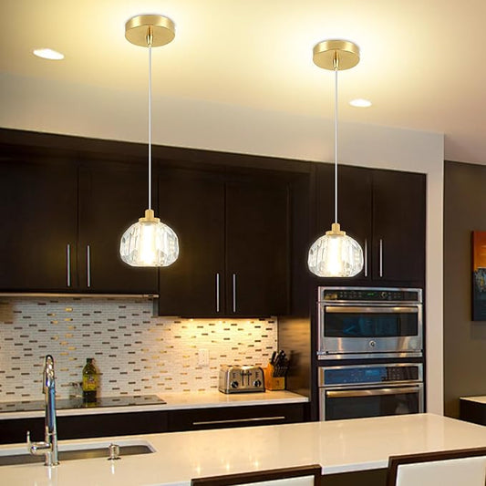 1-Light Gold Pendant Light Fixtures,Crystal Ball Chandelier for Entyway Bedroom Dimmable Pendant Light Kitchen Island 5W