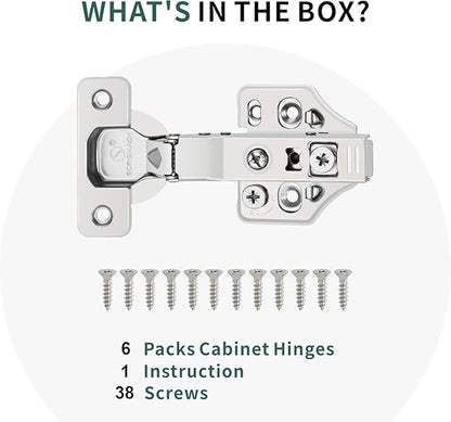 6Pack Half Overlay Soft Close Cabinet Hinges 105° Frameless 3 Way Adjustable Soft Close Hinges for Cabinet Doors Kitchen Cabinet Door Hinges with Screws