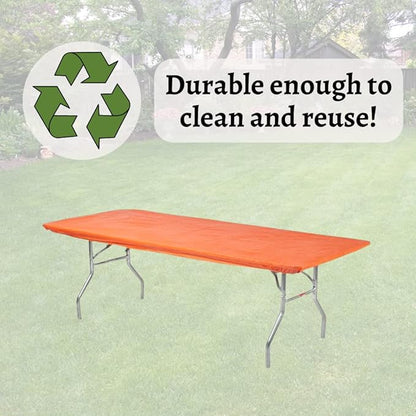 Kwik-Covers 10 Pack of Rectangular Plastic Table Covers - 6' Foot or 8' Foot Options - Indoor or Outdoor Fitted Table Covers (Table NOT Included) (Orange, 30" x 96" (8' ft))